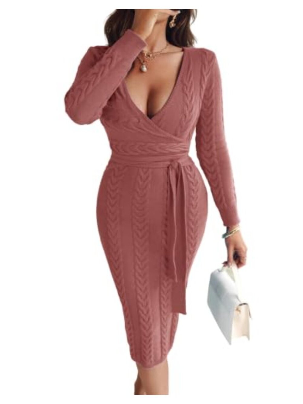 Elegant Cable Knit Wrap Midi Dress Long Sleeve V Neck Tie Waist Sweater